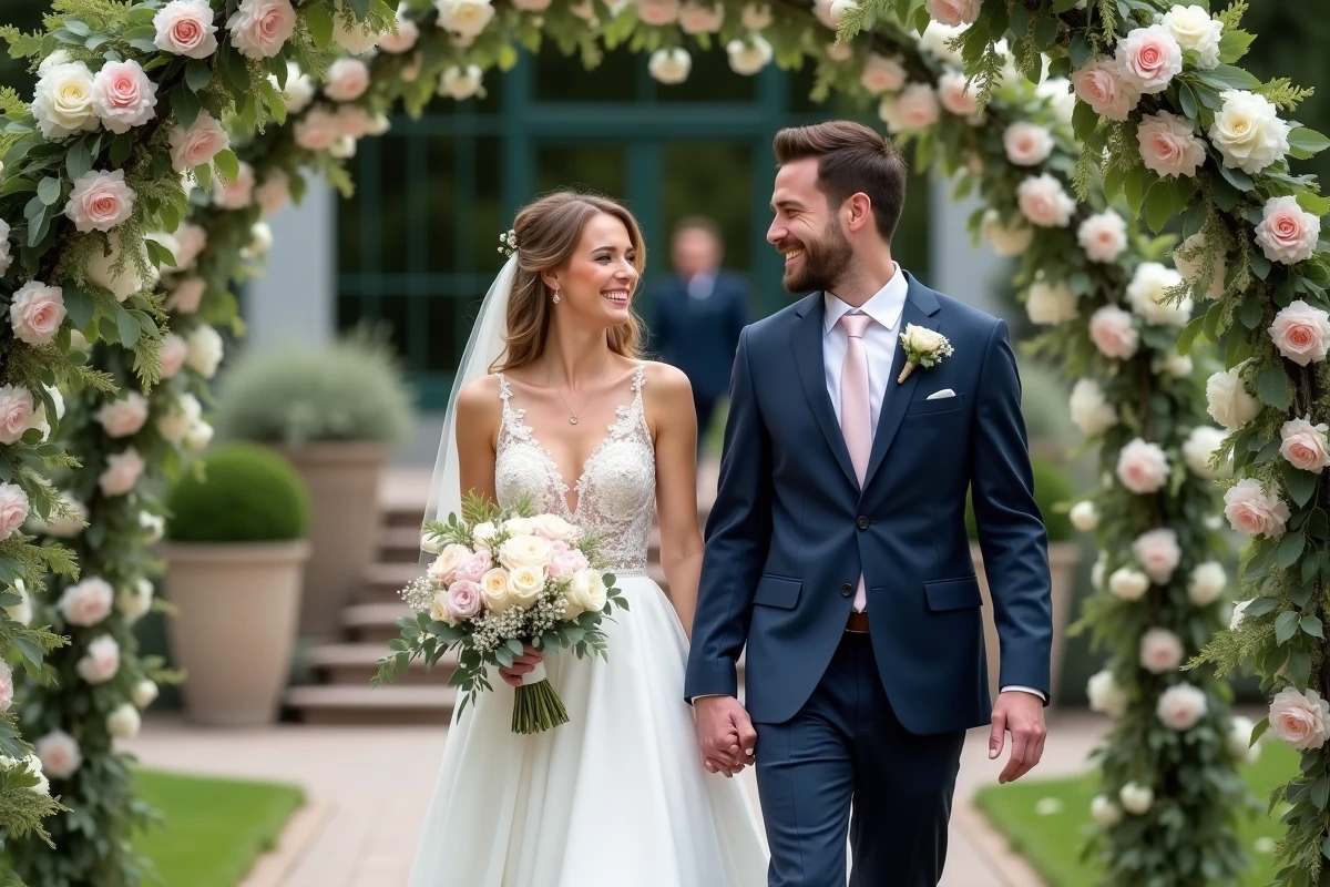 Jeune couple de mariés souriants en extérieur lors d'un mariage