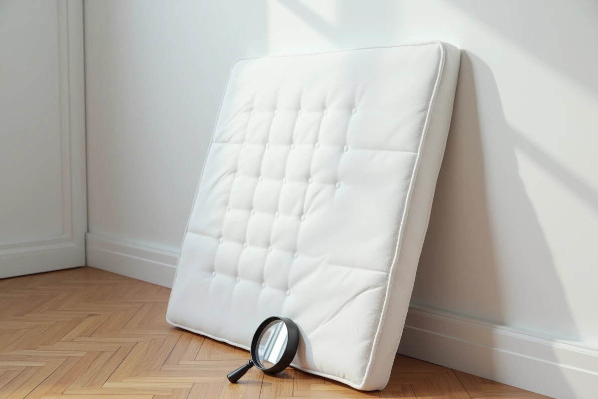 Matelas blanc appuyé contre un mur avec loupe d'inspection posée dessus, contexte de détection de nuisibles