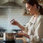 Femme utilisant un thermomètre de cuisine numérique pour mesurer la température de l'eau à 60 degrés dans une casserole sur une plaque à induction