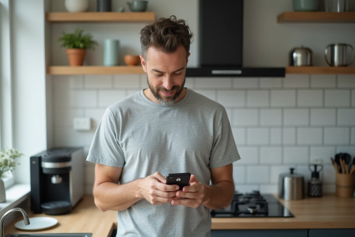 Homme effectuant un paiement mobile sécurisé via une application bancaire sur smartphone dans une cuisine moderne