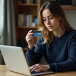 Femme utilisant une carte bancaire pour effectuer un paiement sécurisé en ligne sur un ordinateur portable à son bureau