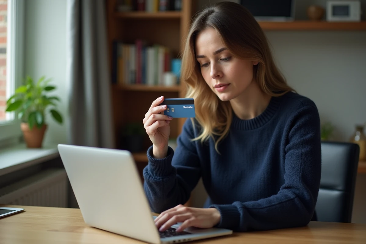 Femme utilisant une carte bancaire pour effectuer un paiement sécurisé en ligne sur un ordinateur portable à son bureau