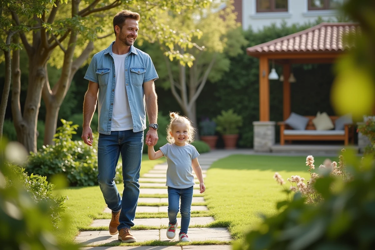 Père et fille se promenant dans un jardin familial