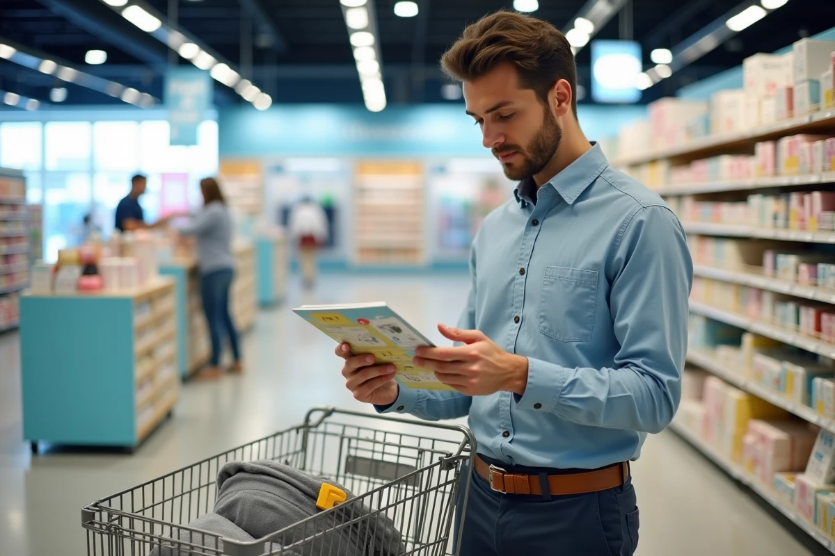 Père faisant ses achats dans un magasin de puériculture pour préparer l'arrivée de bébé