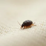 Petite bête noire vue en macro sur la surface d'un matelas, insecte minuscule visible sur tissu blanc crème