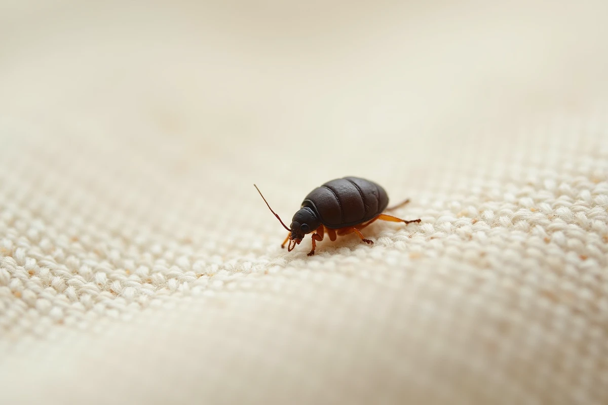 Petite bête noire vue en macro sur la surface d'un matelas, insecte minuscule visible sur tissu blanc crème