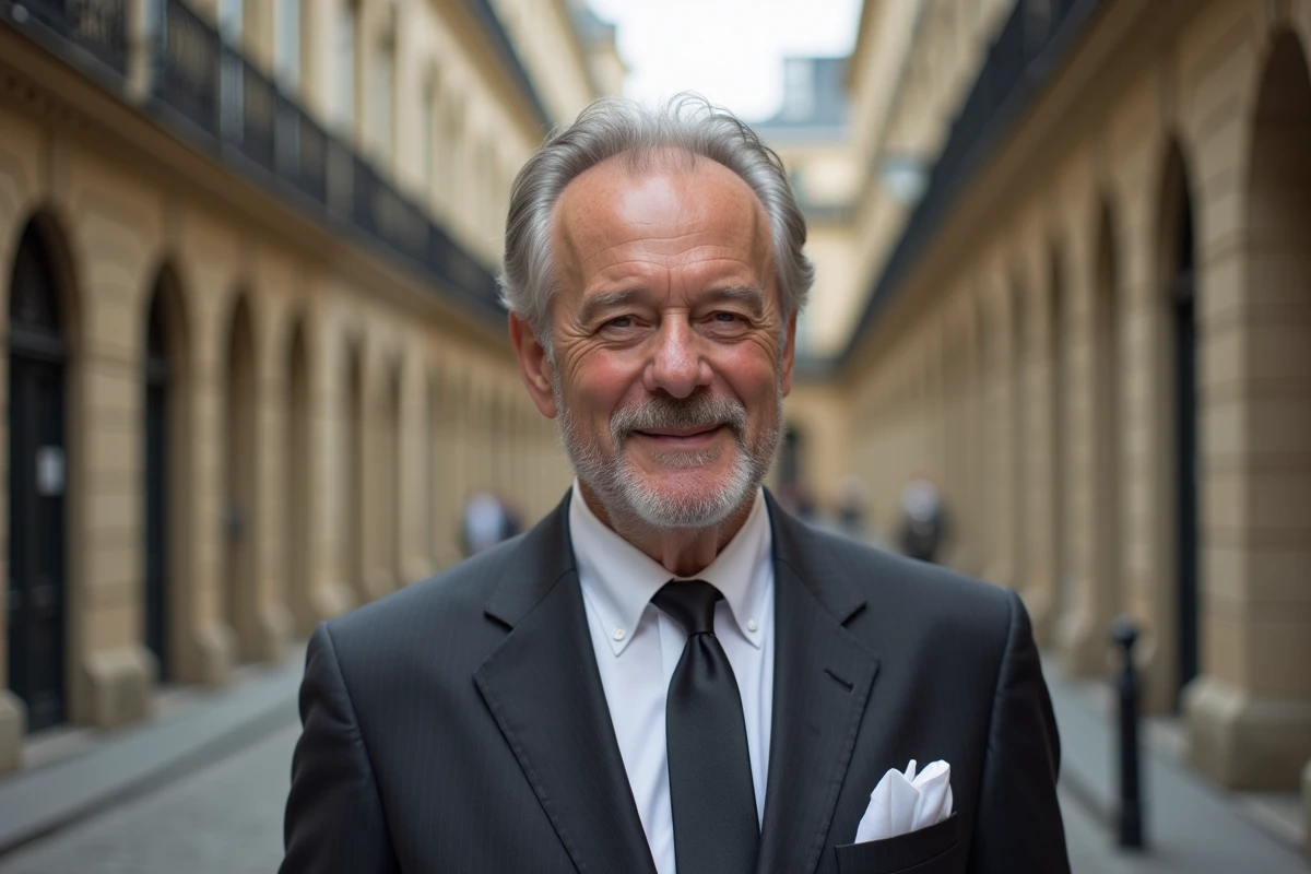 Portrait d'un homme distingué aux cheveux argentés en costume sombre dans une cour parisienne en pierre