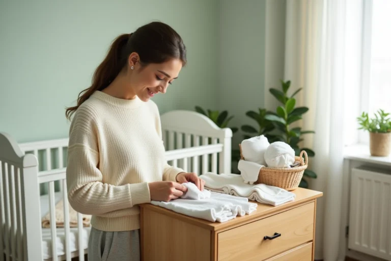 Jeune mère préparant les vêtements de bébé dans une chambre de nourrisson décorée avec soin