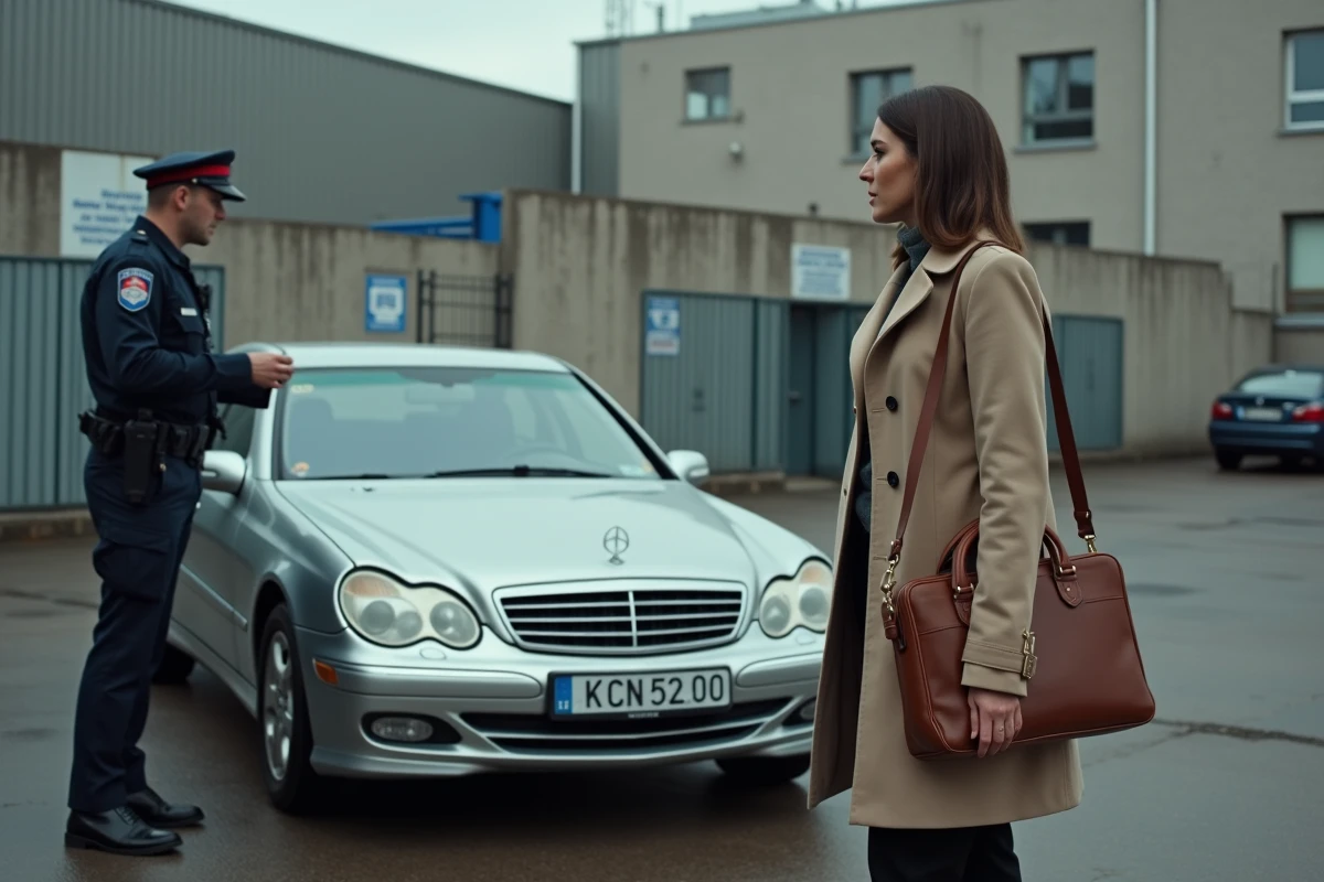 Femme en manteau discutant avec un policier à côté d'une voiture saisie portant un scellé judiciaire officiel