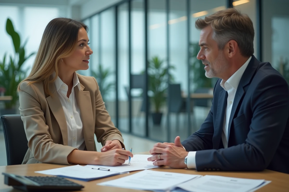 Femme en rendez-vous bancaire pour une demande de prêt immobilier de 150 000 euros