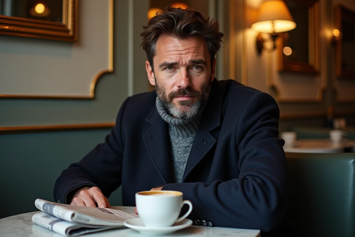 Acteur français aux cheveux bruns grisonnants assis dans un café brasserie parisienne avec un espresso