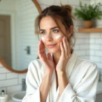 Femme appliquant une crème hydratante dans une salle de bain décorée de plantes et de produits de soin naturels