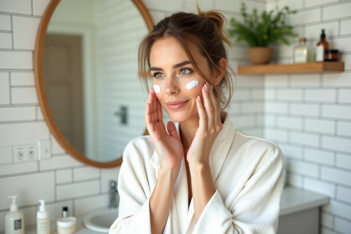 Femme appliquant une crème hydratante dans une salle de bain décorée de plantes et de produits de soin naturels