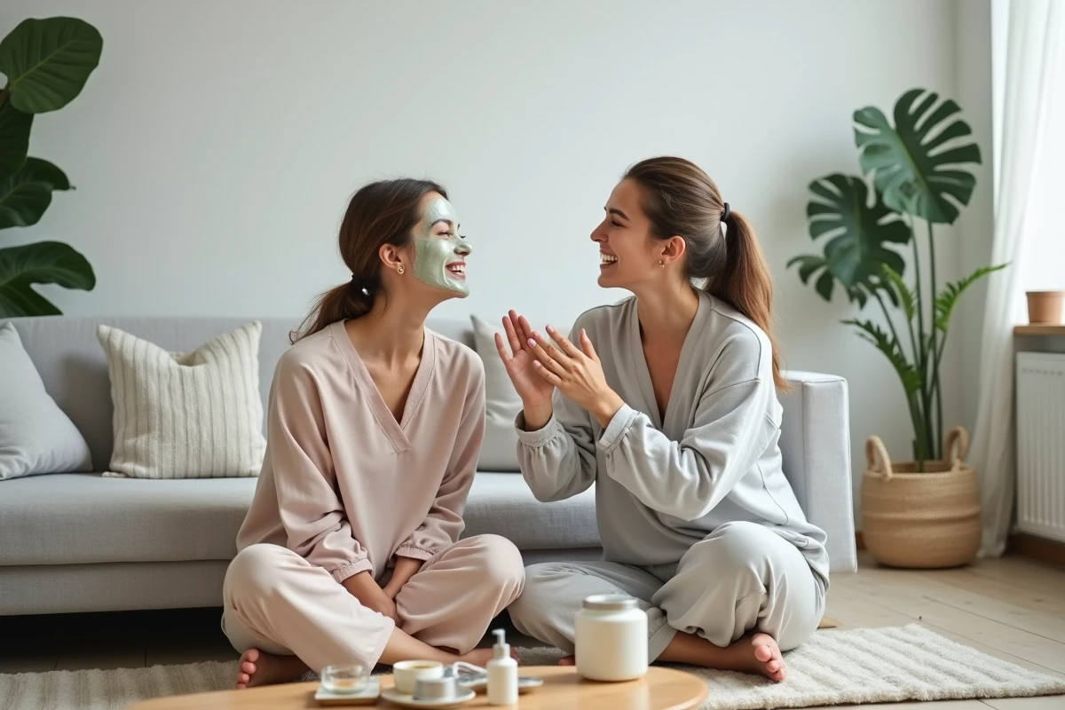 Deux amies profitant d'un moment beauté convivial sur un canapé en lin, appliquant un masque visage dans un salon moderne