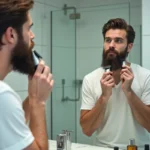 Homme taillant sa barbe de longueur moyenne avec une tondeuse professionnelle devant un miroir de salle de bain moderne