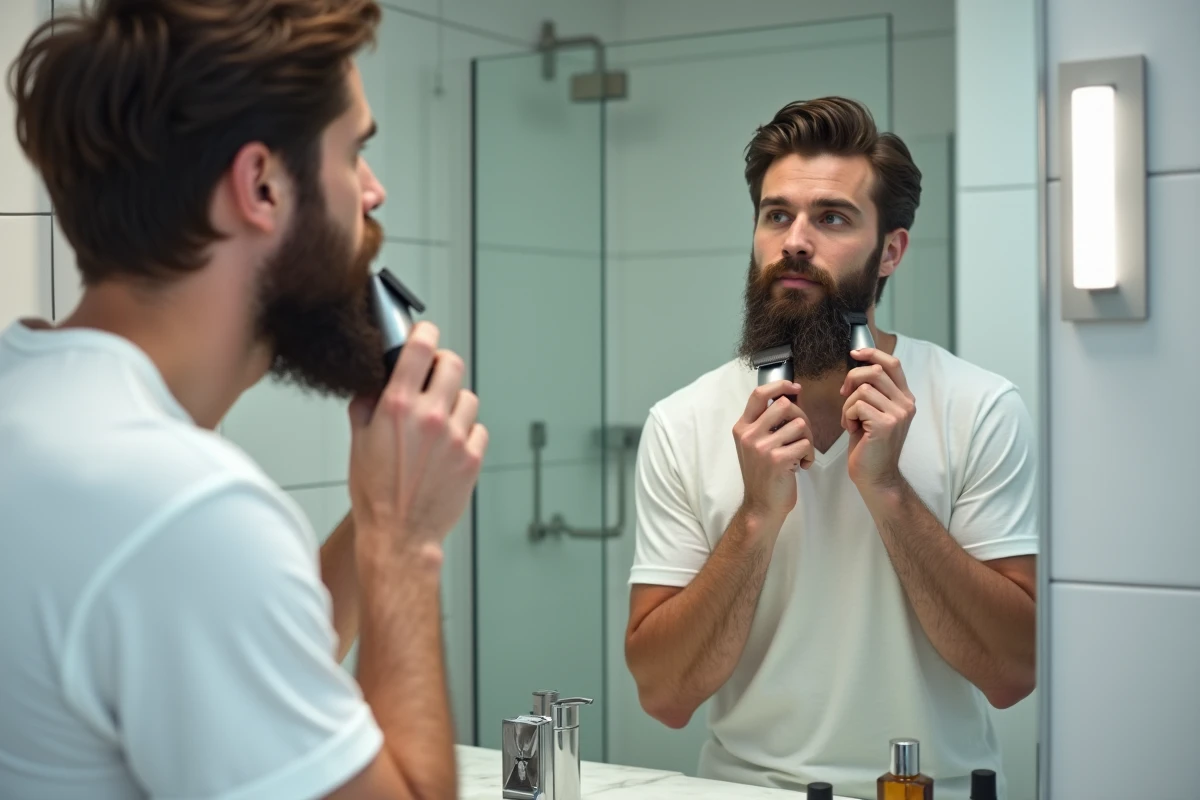 Homme taillant sa barbe de longueur moyenne avec une tondeuse professionnelle devant un miroir de salle de bain moderne