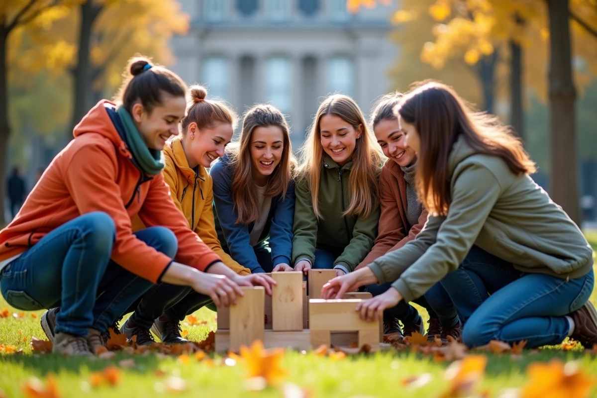 Équipe de salariés souriant lors d'une activité team building en plein air dans un parc de Rennes en automne