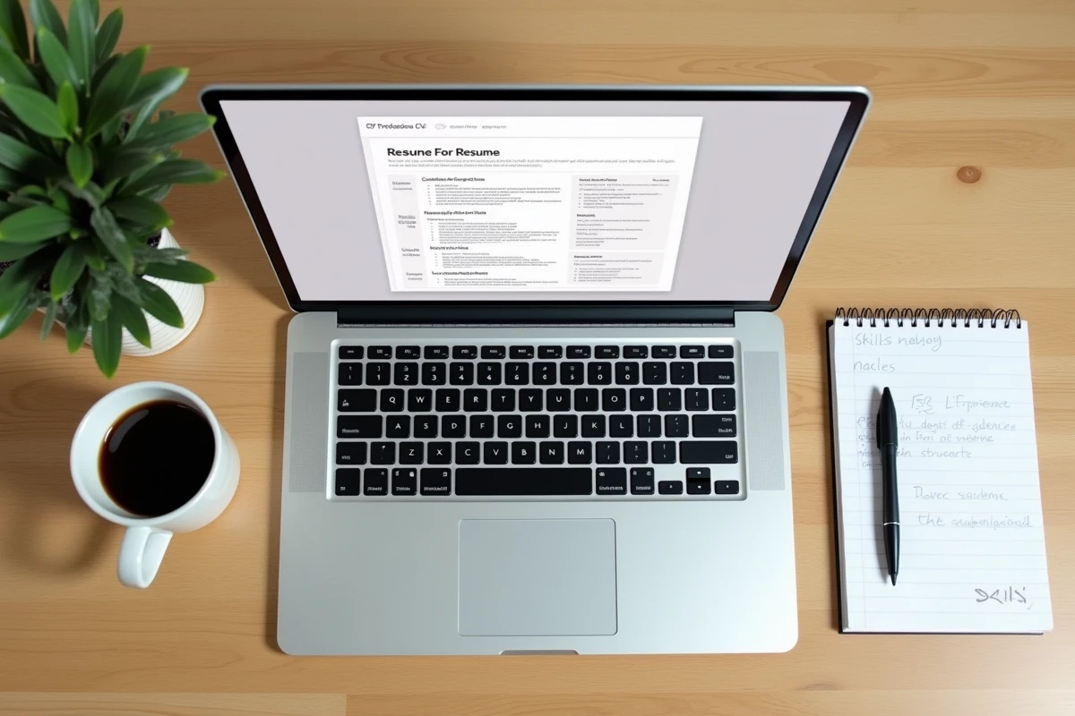 Top view of a desk with a laptop displaying an online CV template, a notebook, and coffee